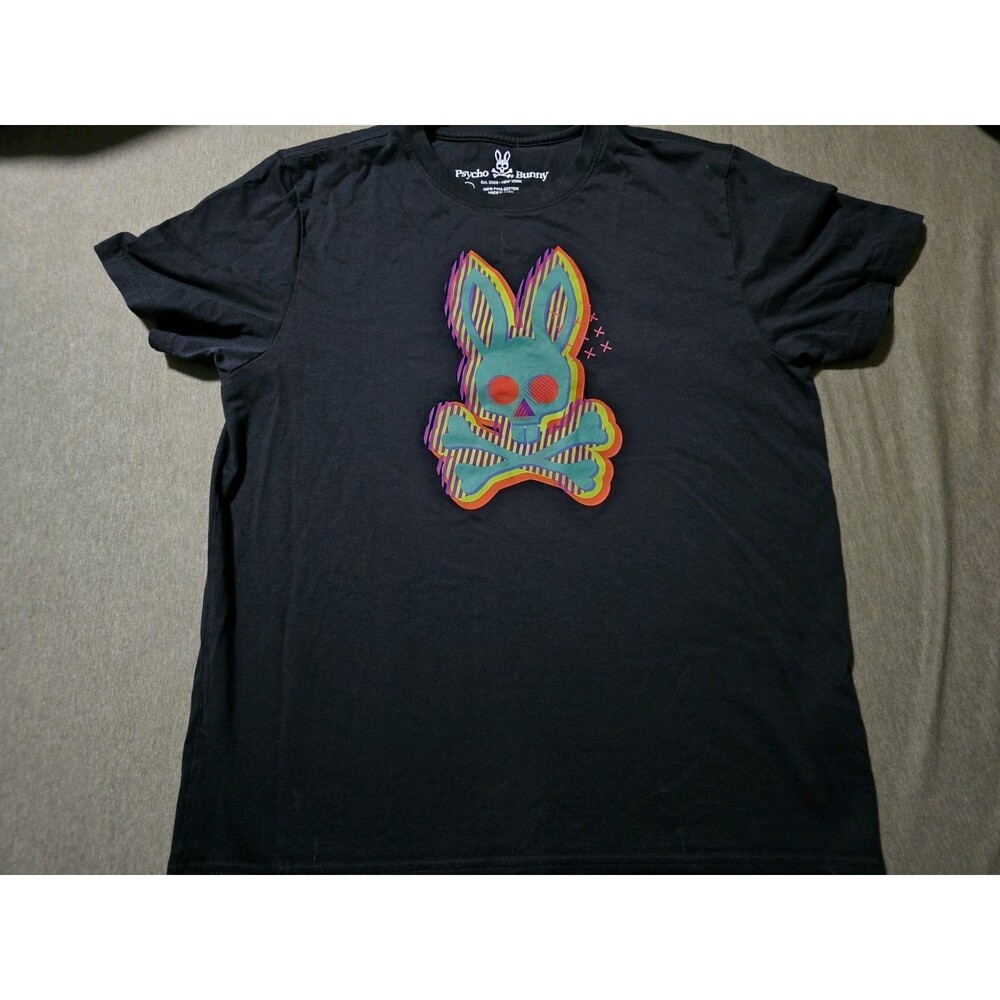 Psycho Bunny Ethan Deco Medium Mens Black T Shirt Pima Cotton Colorful Graphic
